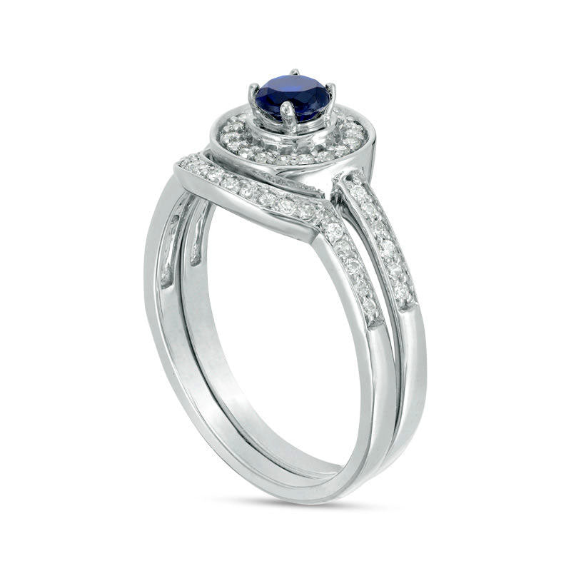 4.0mm Lab-Created Blue Sapphire and 0.25 CT. T.W. Diamond Frame Bridal Engagement Ring Set in Solid 10K White Gold