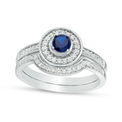 4.0mm Lab-Created Blue Sapphire and 0.25 CT. T.W. Diamond Frame Bridal Engagement Ring Set in Solid 10K White, Yellow or Rose Gold