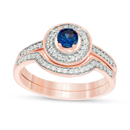 4.0mm Lab-Created Blue Sapphire and 0.25 CT. T.W. Diamond Frame Bridal Engagement Ring Set in Solid 10K White, Yellow or Rose Gold