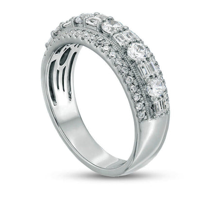 1.0 CT. T.W. Baguette and Round Natural Diamond Alternating Antique Vintage-Style Anniversary Band in Solid 14K White Gold