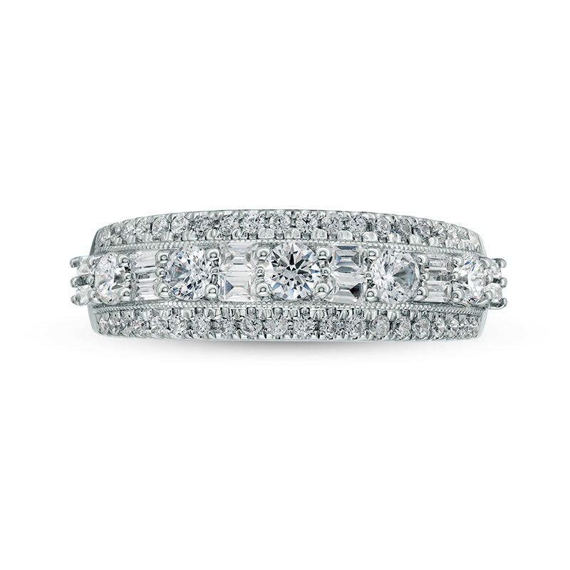 1.0 CT. T.W. Baguette and Round Natural Diamond Alternating Antique Vintage-Style Anniversary Band in Solid 14K White Gold