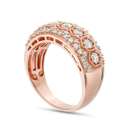 1.0 CT. T.W. Natural Diamond Seven Stone Hexagon Frame Antique Vintage-Style Anniversary Band in Solid 10K Rose Gold