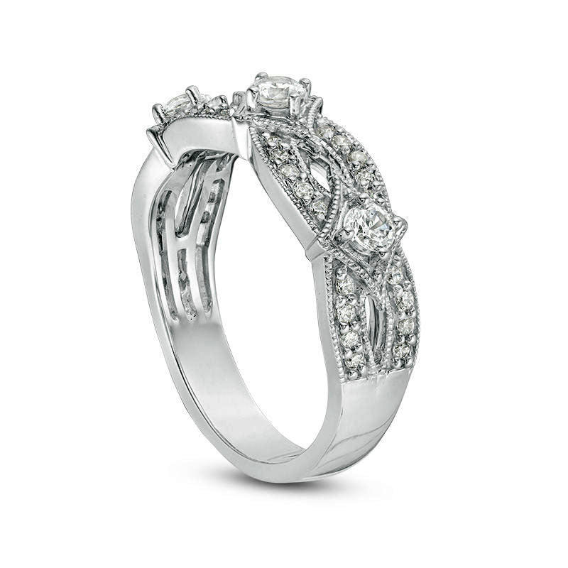 0.50 CT. T.W. Natural Diamond Three Stone Contour Antique Vintage-Style Anniversary Band in Solid 14K White Gold