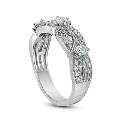 0.50 CT. T.W. Natural Diamond Three Stone Contour Antique Vintage-Style Anniversary Band in Solid 14K White Gold