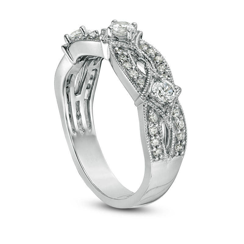 0.50 CT. T.W. Natural Diamond Three Stone Contour Antique Vintage-Style Anniversary Band in Solid 14K White Gold