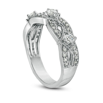 0.50 CT. T.W. Natural Diamond Three Stone Contour Antique Vintage-Style Anniversary Band in Solid 14K White Gold