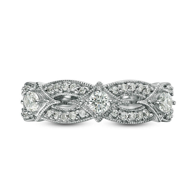 0.50 CT. T.W. Natural Diamond Three Stone Contour Antique Vintage-Style Anniversary Band in Solid 14K White Gold