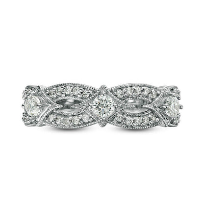 0.50 CT. T.W. Natural Diamond Three Stone Contour Antique Vintage-Style Anniversary Band in Solid 14K White Gold