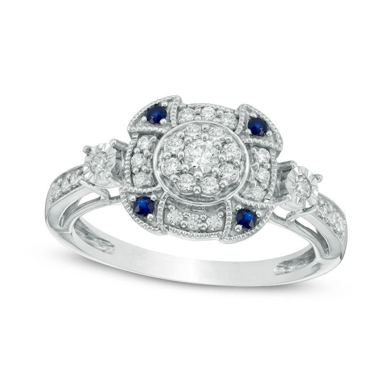 0.33 CT. T.W. Natural Diamond and Blue Sapphire Double Frame Antique Vintage-Style Engagement Ring in Solid 10K White Gold
