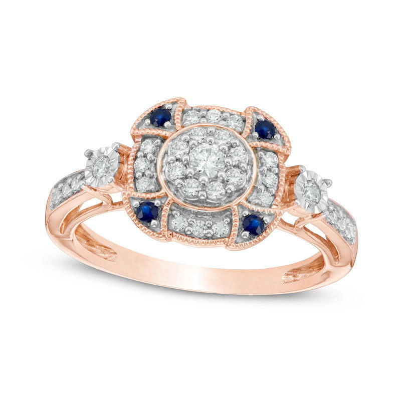 0.33 CT. T.W. Natural Diamond and Blue Sapphire Double Frame Antique Vintage-Style Engagement Ring in Solid 10K Rose Gold