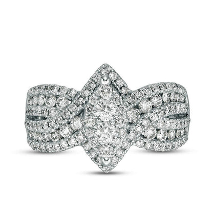 1.17 CT. T.W. Composite Natural Diamond Marquise Bypass Frame Multi-Row Engagement Ring in Solid 10K White Gold