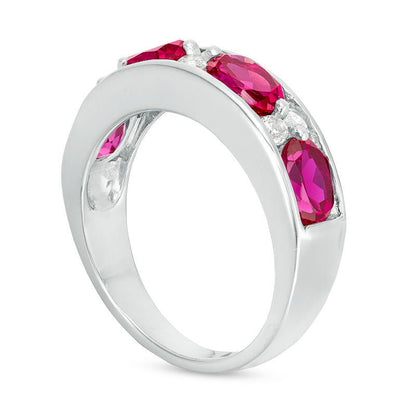 Oval Lab-Created Ruby and White Sapphire Alternating Band in Sterling Silver