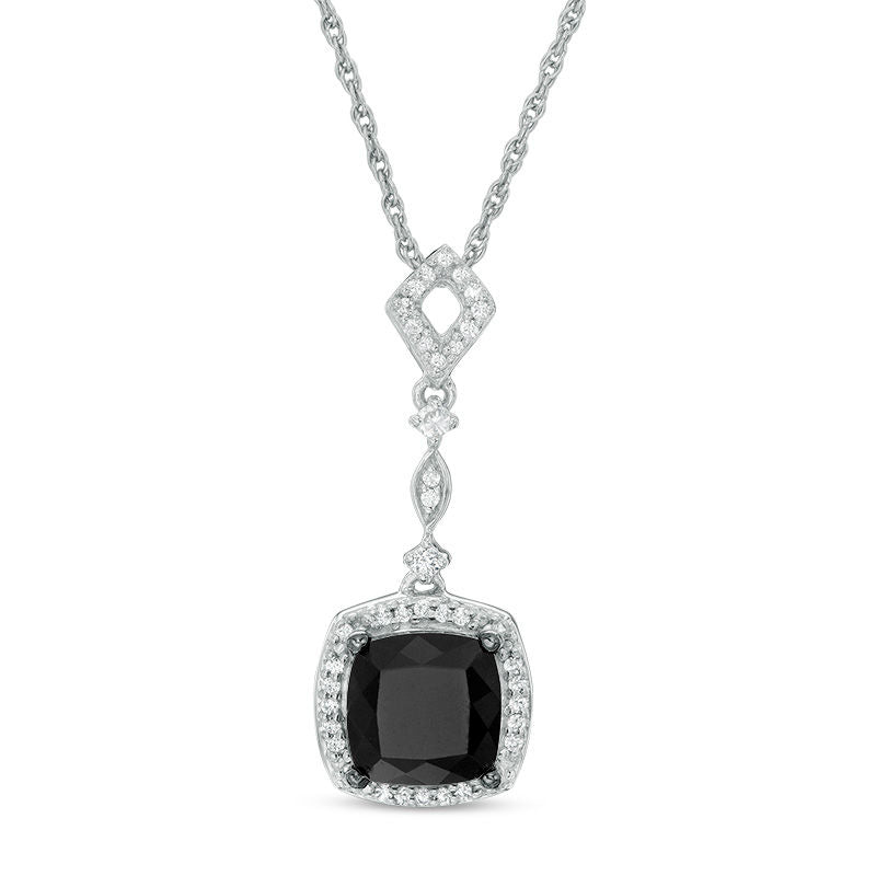 Cushion-Cut Lab-Created Black Sapphire and 0.1 CT. T.W. Diamond Frame Antique Vintage-Style Drop Pendant in Sterling Silver