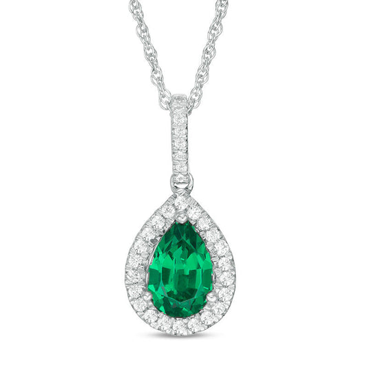 Pear-Shaped Lab-Created Emerald and 0.13 CT. T.W. Diamond Frame Pendant in Sterling Silver