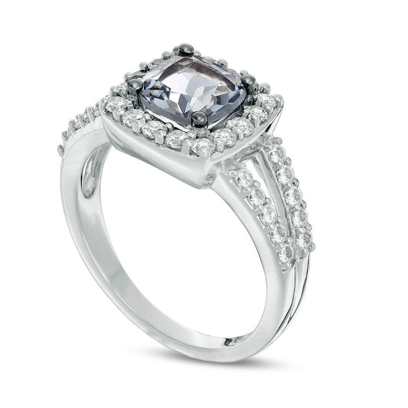 7.0mm Cushion-Cut Lab-Created Grey Spinel and White Sapphire Frame Split Shank Ring in Sterling Silver