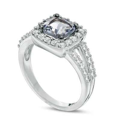 7.0mm Cushion-Cut Lab-Created Grey Spinel and White Sapphire Frame Split Shank Ring in Sterling Silver