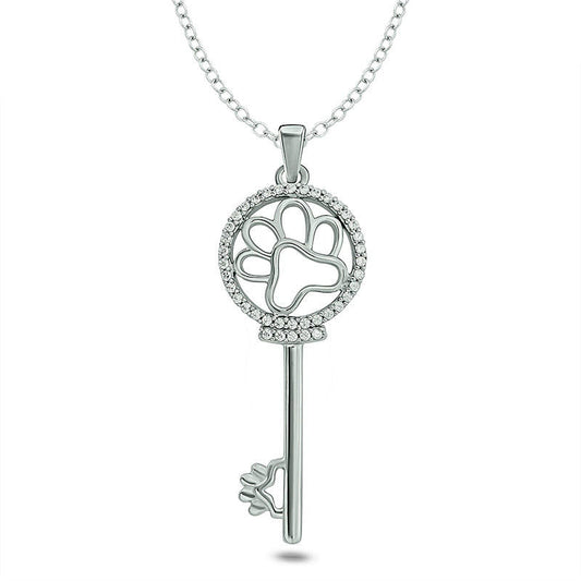 0.1 CT. T.W. Natural Diamond Paw Print-Top Key Antique Vintage-Style Pendant in Sterling Silver