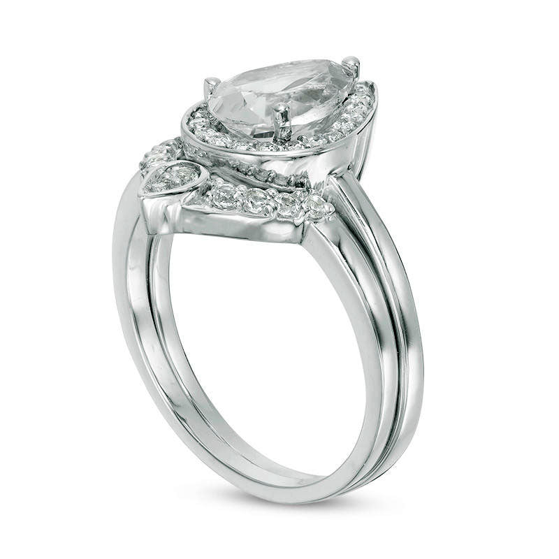 Pear-Shaped Lab-Created White Sapphire and 0.13 CT. T.W. Diamond Frame Bridal Engagement Ring Set in Sterling Silver