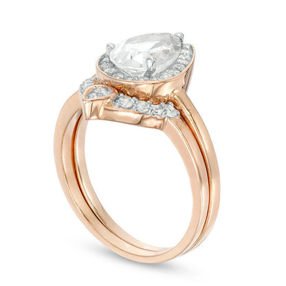 Pear-Shaped Lab-Created White Sapphire and 0.13 CT. T.W. Diamond Bridal Engagement Ring Set in Sterling Silver with Solid 14K Rose Gold Plate