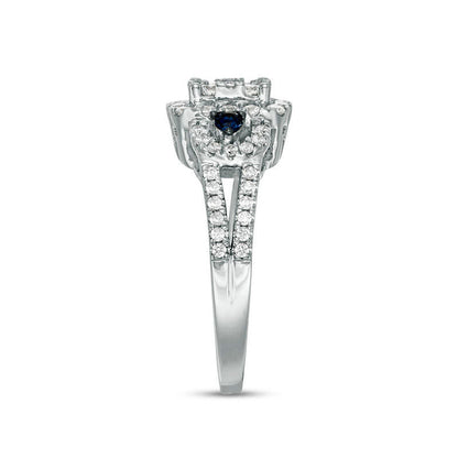 0.88 CT. T.W. Natural Diamond and Blue Sapphire Cushion Frame Engagement Ring in Solid 10K White Gold