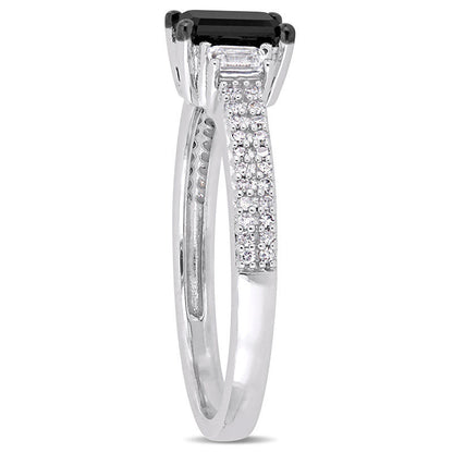 0.88 CT. T.W. Emerald-Cut Enhanced Black Natural Diamond and White Sapphire Three Stone Engagement Ring in Solid 10K White Gold