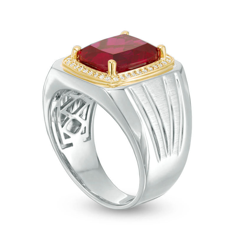 Men's Cushion-Cut Lab-Created Ruby and 0.17 CT. T.W. Diamond Signet Ring in Sterling Silver and Solid 10K Yellow Gold