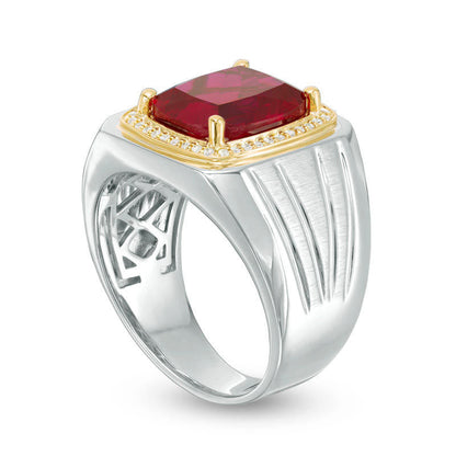 Men's Cushion-Cut Lab-Created Ruby and 0.17 CT. T.W. Diamond Signet Ring in Sterling Silver and Solid 10K Yellow Gold