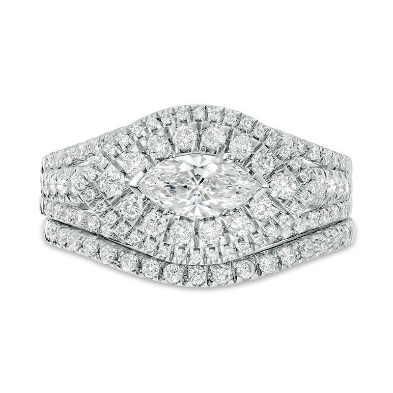 1.25 CT. T.W. Marquise Natural Diamond Sideways Double Frame Multi-Row Bridal Engagement Ring Set in Solid 14K White Gold