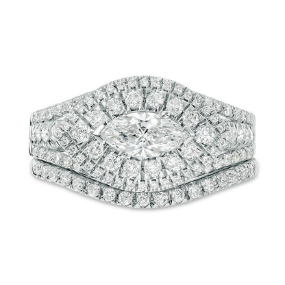 1.25 CT. T.W. Marquise Natural Diamond Sideways Double Frame Multi-Row Bridal Engagement Ring Set in Solid 14K White Gold