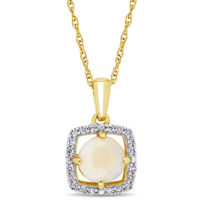 6.0mm Opal and 0.1 CT. T.W. Natural Diamond Cushion Frame Pendant in 10K Yellow Gold - 17"