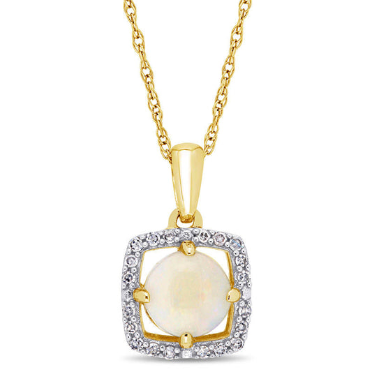 6.0mm Opal and 0.1 CT. T.W. Natural Diamond Cushion Frame Pendant in 10K Yellow Gold - 17"
