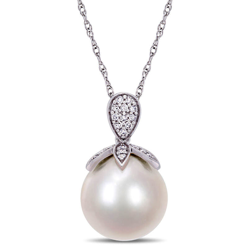 11.0 - 12.0mm Cultured Freshwater Pearl and 0.1 CT. T.W. Natural Diamond Petals Pendant in 10K White Gold - 17"