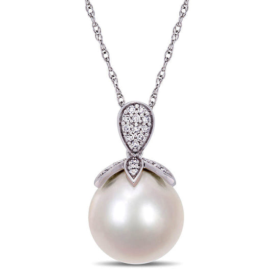 11.0 - 12.0mm Cultured Freshwater Pearl and 0.1 CT. T.W. Natural Diamond Petals Pendant in 10K White Gold - 17"
