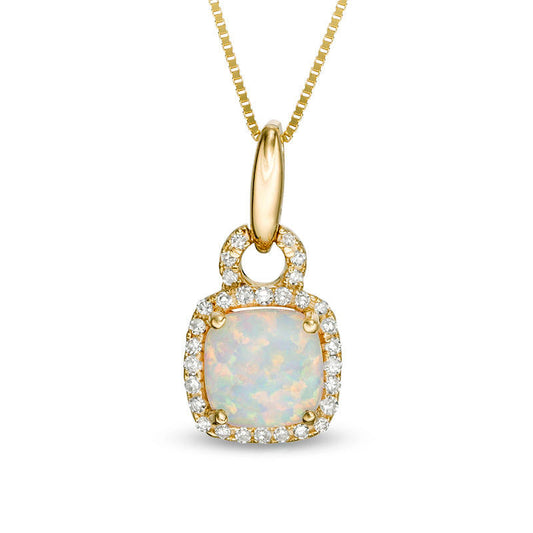 6.0mm Cushion-Cut Lab-Created Opal and 0.1 CT. T.W. Diamond Frame Doorknocker Pendant in 10K Yellow Gold