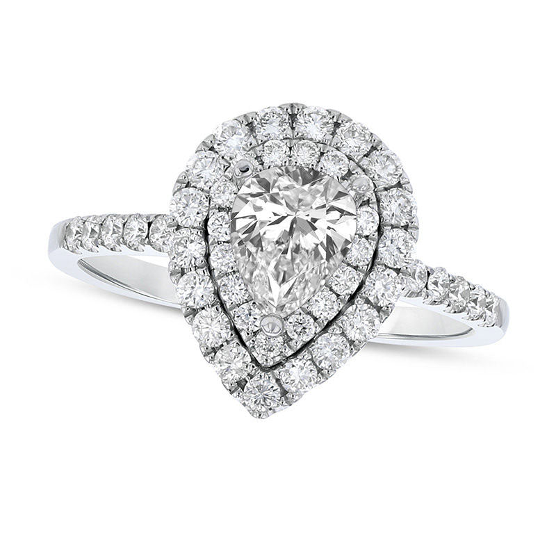 1.0 CT. T.W. Pear-Shaped Natural Diamond Double Frame Engagement Ring in Solid 18K White Gold (H/SI2)