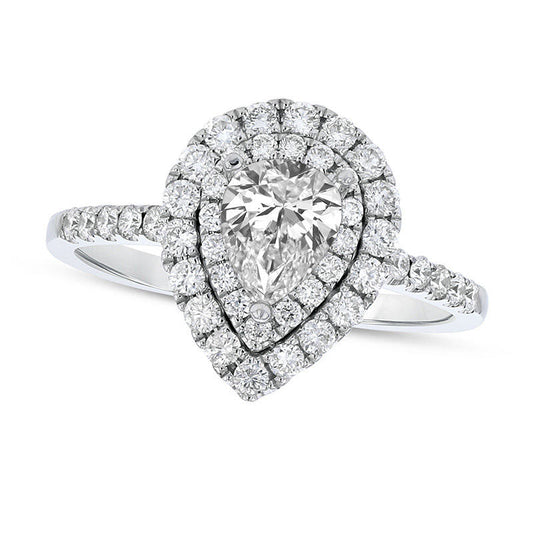 1.0 CT. T.W. Pear-Shaped Natural Diamond Double Frame Engagement Ring in Solid 18K White Gold (H/SI2)