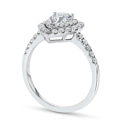 1.0 CT. T.W. Pear-Shaped Natural Diamond Double Frame Engagement Ring in Solid 18K White Gold (H/SI2)