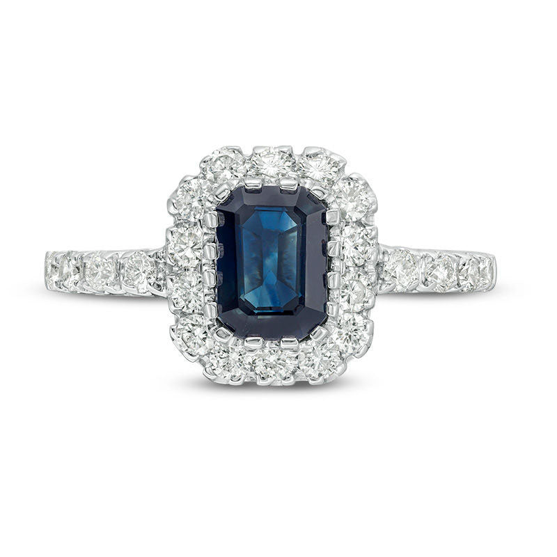 Cushion-Cut Blue Sapphire and 0.50 CT. T.W. Natural Diamond Frame Engagement Ring in Solid 14K White Gold