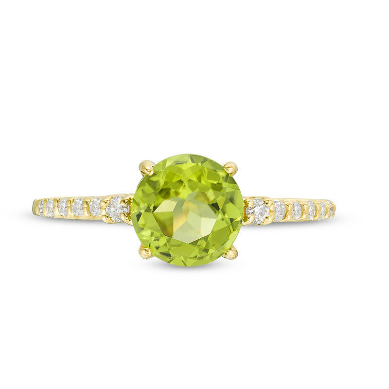 7.0mm Peridot and 0.13 CT. T.W. Natural Diamond Engagement Ring in Solid 10K Yellow Gold