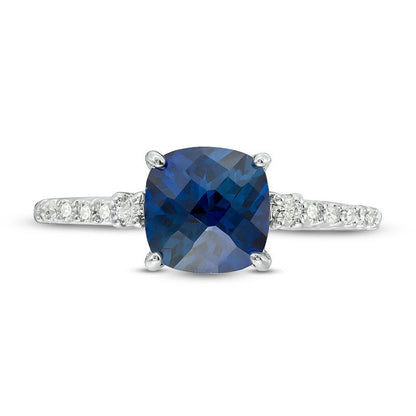 7.0mm Cushion-Cut Lab-Created Blue Sapphire and 0.13 CT. T.W. Diamond Engagement Ring in Solid 10K White Gold