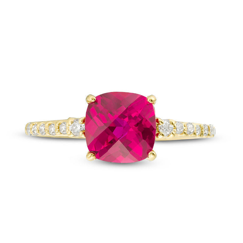 7.0mm Cushion-Cut Lab-Created Ruby and 0.13 CT. T.W. Diamond Engagement Ring in Solid 10K Yellow Gold
