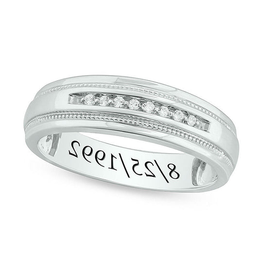 Men's 0.07 CT. T.W. Natural Diamond Milgrain Stepped Edge Engravable Wedding Band in Sterling Silver (1 Line)