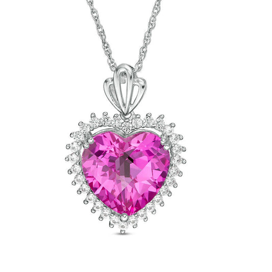 13.0mm Lab-Created Pink and White Sapphire Sunburst Heart Frame Pendant in Sterling Silver