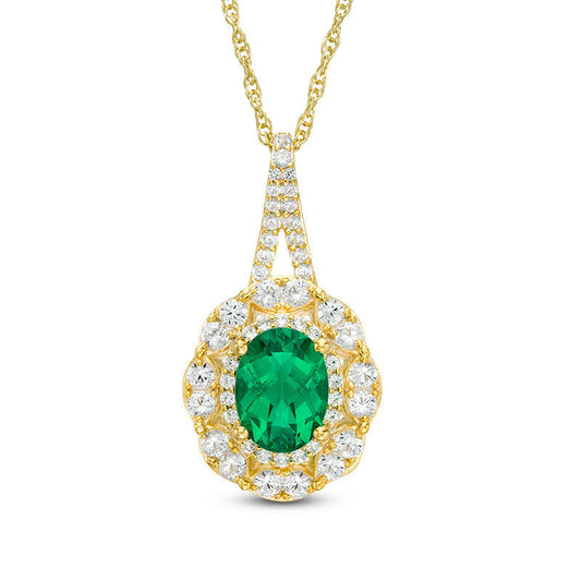 Oval Lab-Created Emerald and White Sapphire Double Frame Pendant in Sterling Silver with 14K Gold Plate