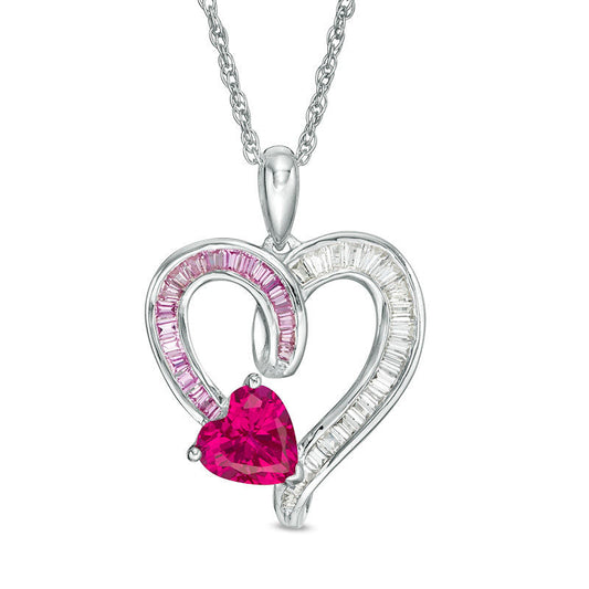 Lab-Created Ruby, Pink and White Sapphire Curly Heart Pendant in Sterling Silver