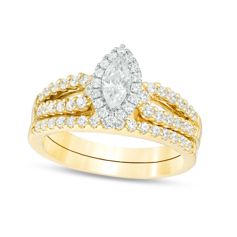 1.0 CT. T.W. Certified Marquise Natural Diamond Frame Split Shank Bridal Engagement Ring Set in Solid 14K Gold (I/I1)