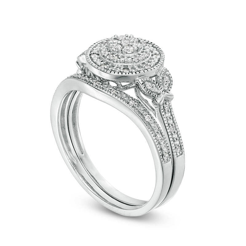 0.20 CT. T.W. Composite Natural Diamond Double Frame Leaf-Sides Antique Vintage-Style Bridal Engagement Ring Set in Sterling Silver