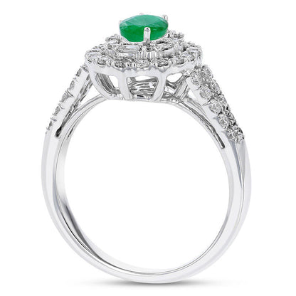Oval Emerald and 0.63 CT. T.W. Natural Diamond Double Geometric Frame Split Shank Engagement Ring in Solid 18K White Gold