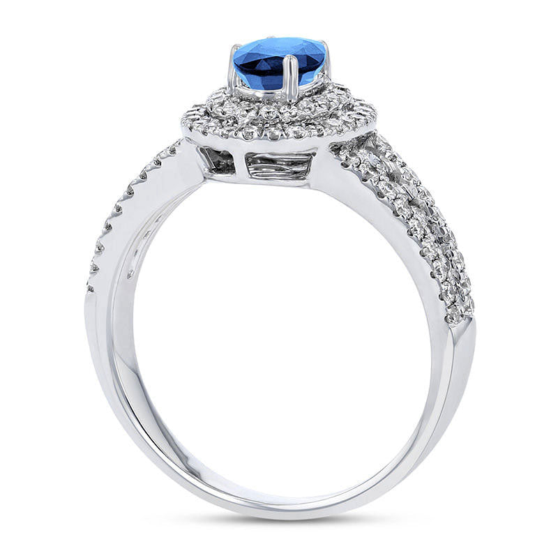 Oval Blue Sapphire and 0.63 CT. T.W. Natural Diamond Double Frame Split Shank Engagement Ring in Solid 18K White Gold