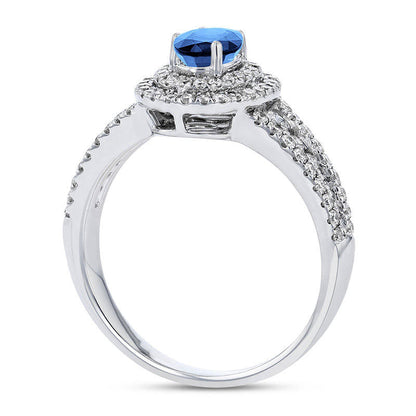 Oval Blue Sapphire and 0.63 CT. T.W. Natural Diamond Double Frame Split Shank Engagement Ring in Solid 18K White Gold